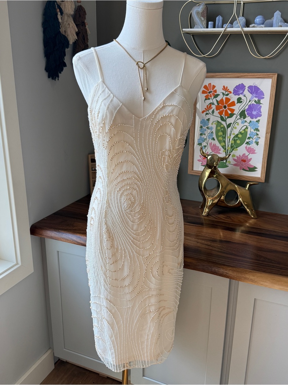 Basix II Ivory Beaded Formal Midi Dress with Matching Shawl Size 6 - Picture 2 of 11